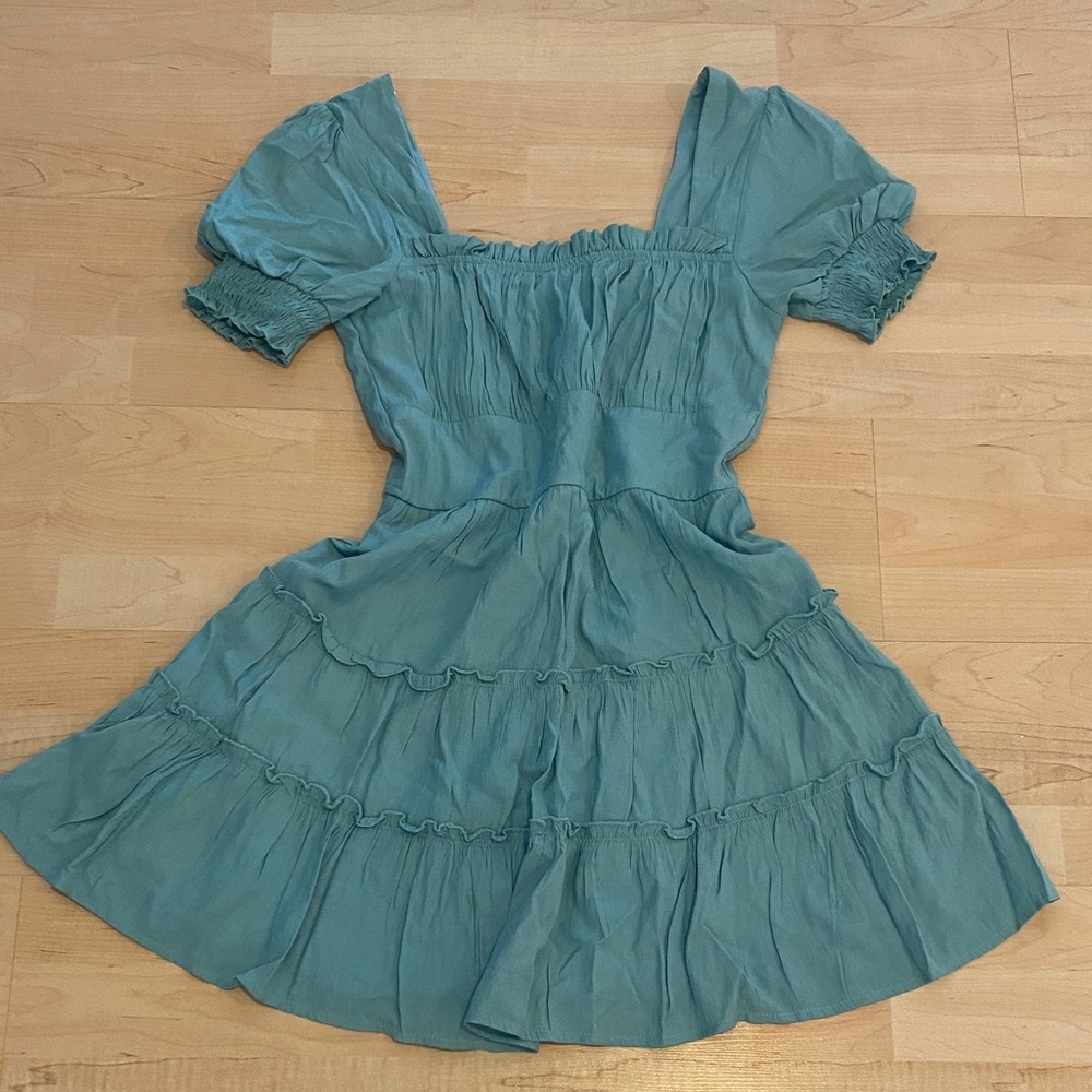 Teal Babydoll Tiered Ruffle Mini Dress Festival Country Western Boho Size Small